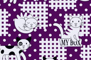 可爱猫咪与几何格纹 紫色系面料印花素材