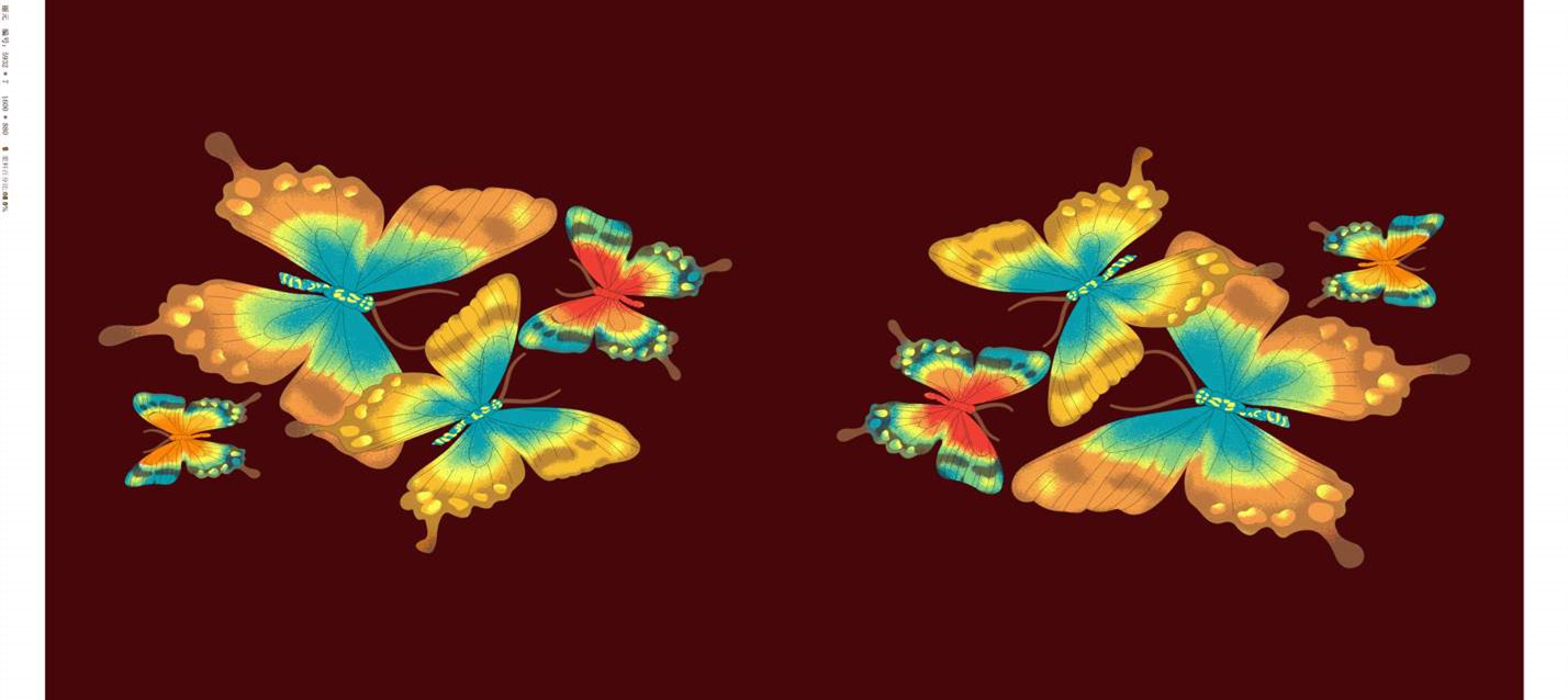 复古红底多彩蝴蝶图案 高端服装印花面料设计素材