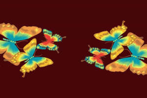 复古红底多彩蝴蝶图案 高端服装印花面料设计素材