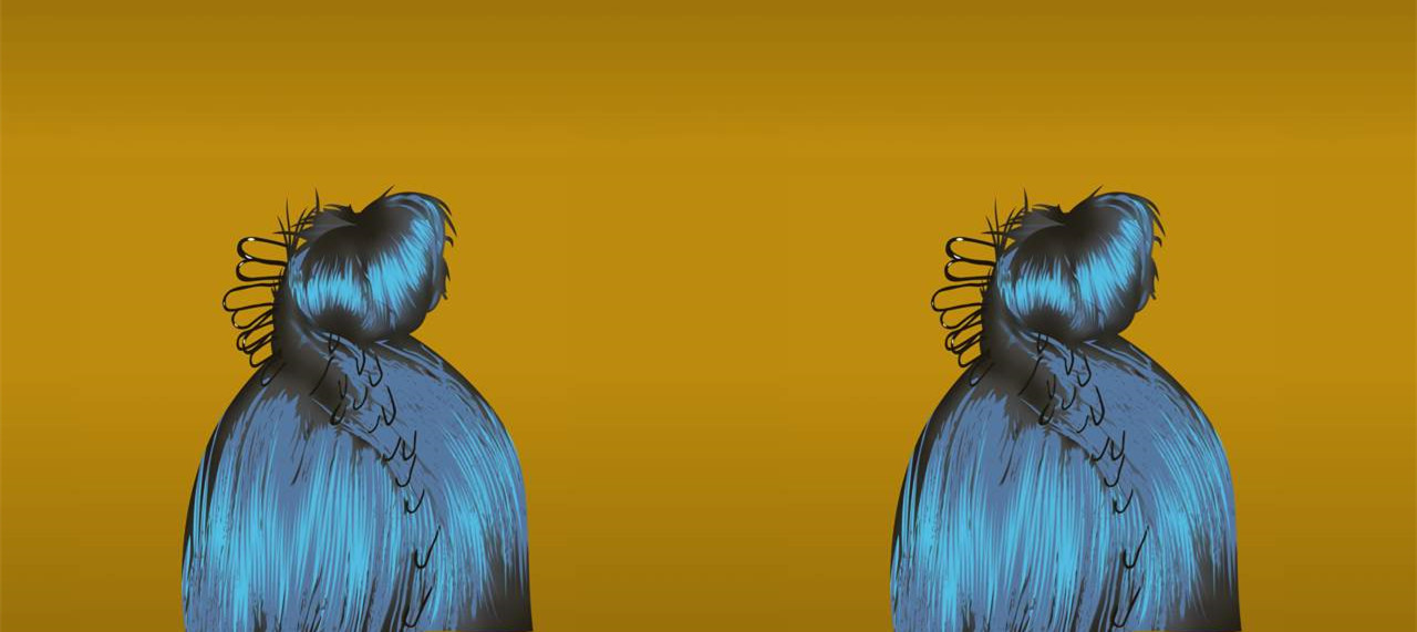 复古蓝调人物背影 时尚面料印花设计素材