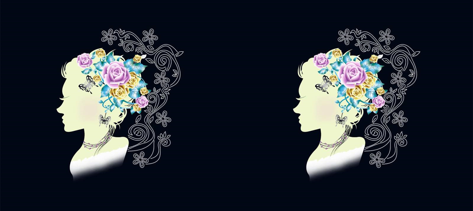 浪漫花卉与蝴蝶点缀的女性侧脸服装印花素材