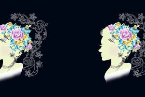 浪漫花卉与蝴蝶点缀的女性侧脸服装印花素材