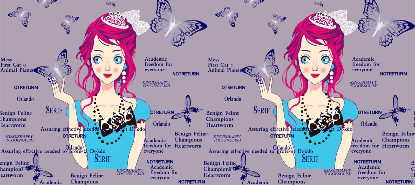 梦幻少女卡通蝴蝶面料印花素材 时尚服装印花设计