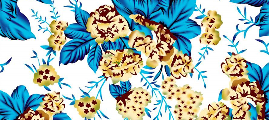 复古蓝黄花卉面料印花 时尚服装印花素材推荐