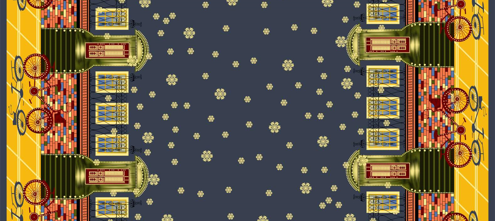 复古建筑与自行车主题的面料印花素材,适合服装定制