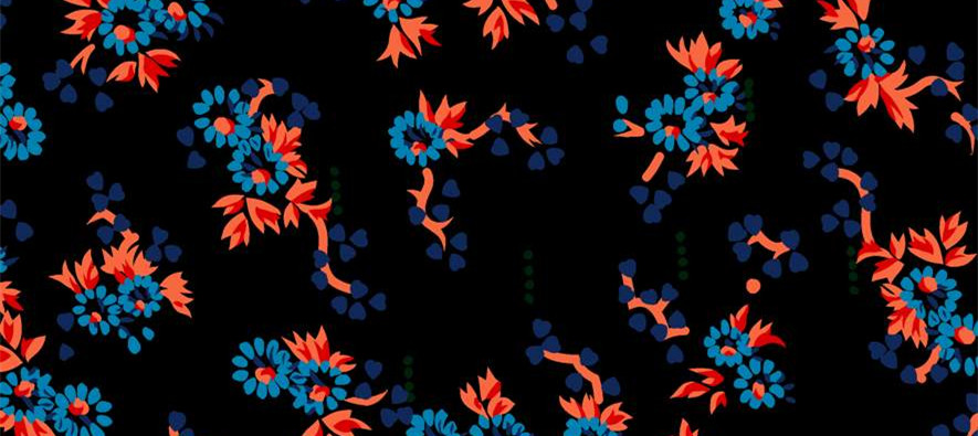 复古蓝橙花卉面料印花 时尚服装印花素材推荐